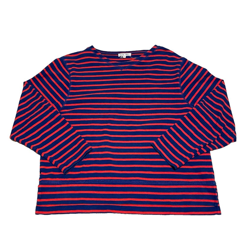 ALEX MILL T-Shirt Womens L Blue Red Striped Long Sleeve Nautical Minimalist